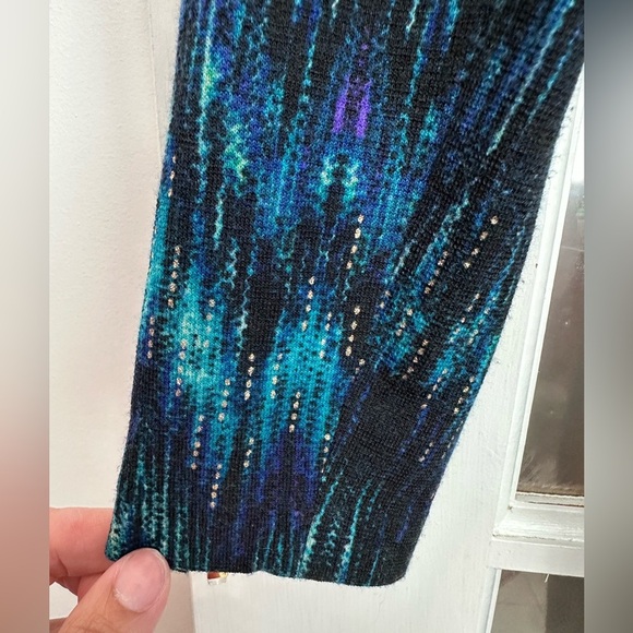 Vintage Cache Teal Gold Blue Knit Faux Wrap Midi Dress Women’s Size Medium M Med - Picture 10 of 13